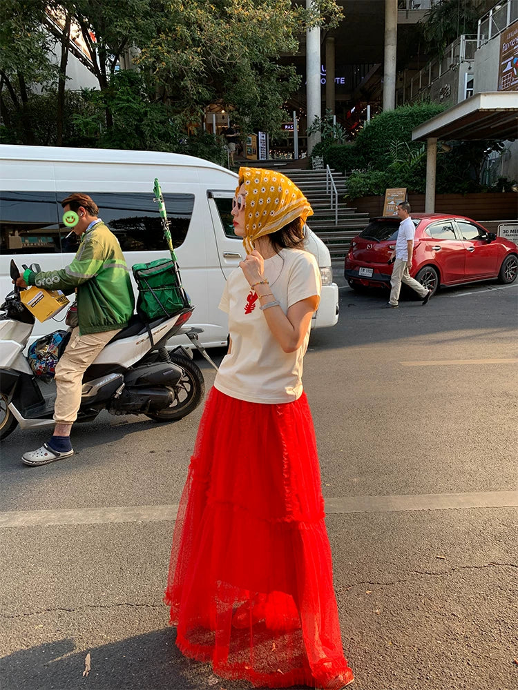 dot tulle ruffle tiered long skirt 1color 【NINE7205】