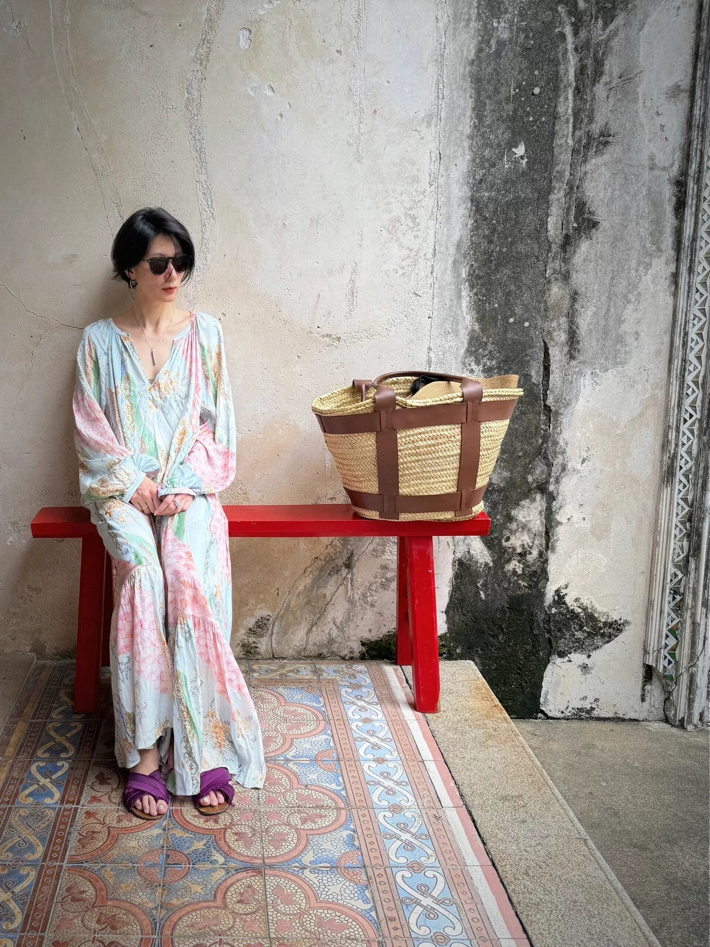 multi pattern V-neck long sleeve maxi dress 1color 【NINE7207】