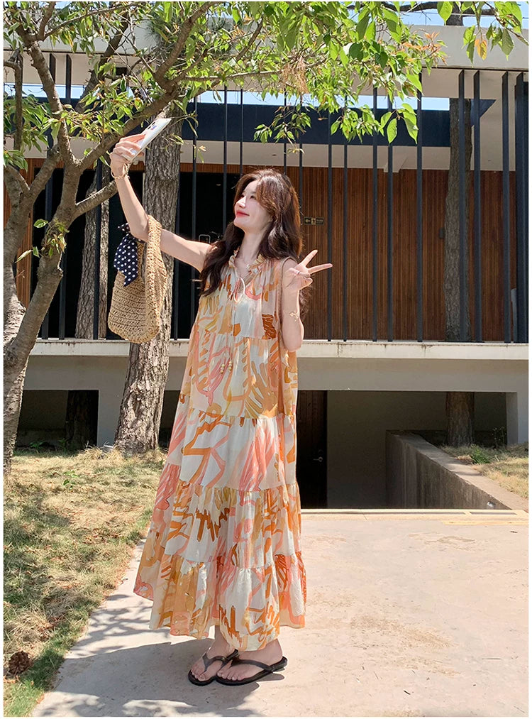 orange print tiered sleeveless dress 1color 【NINE7136】