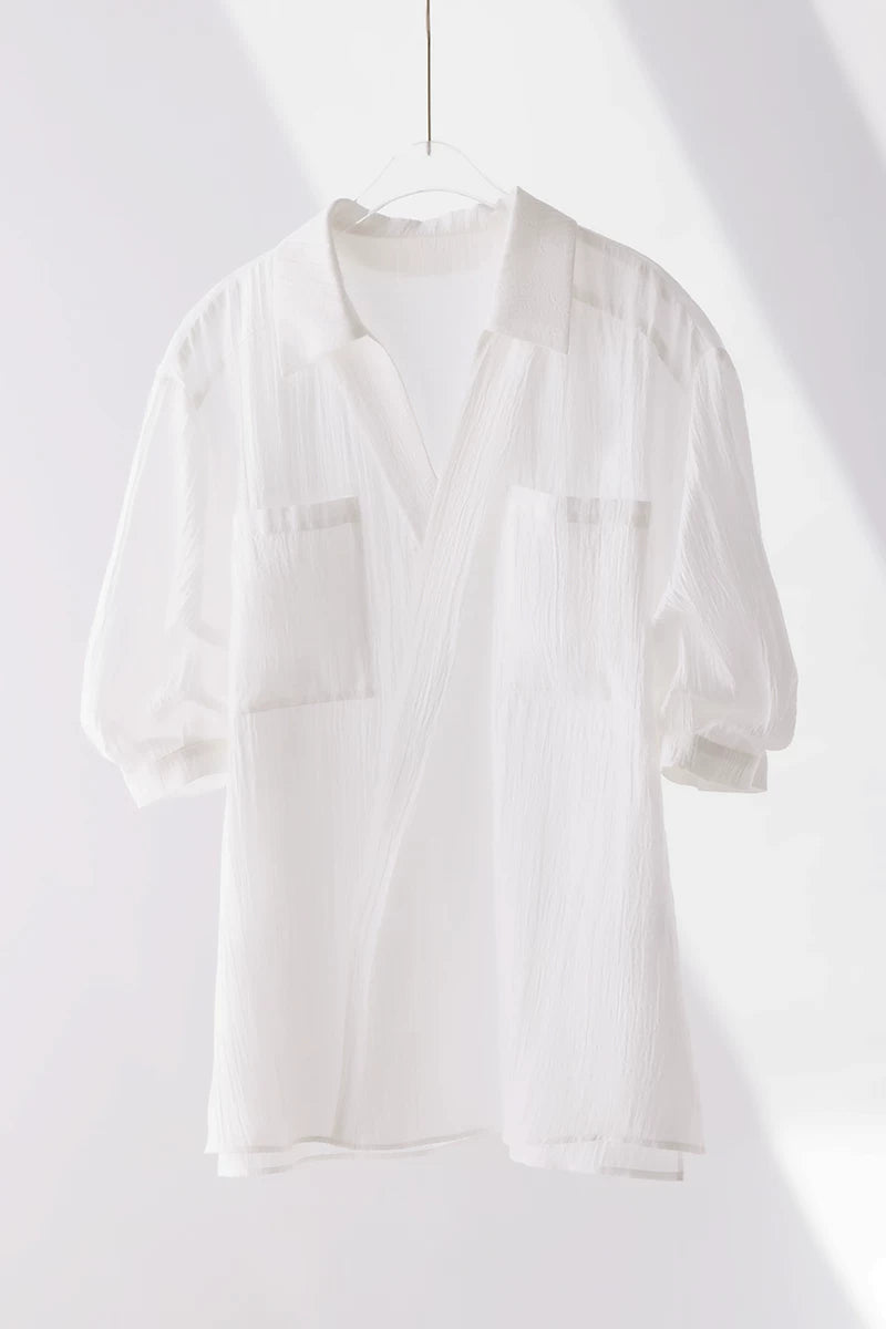 v-neck lapel puff sleeve shirt 3colors 【NINE7215】