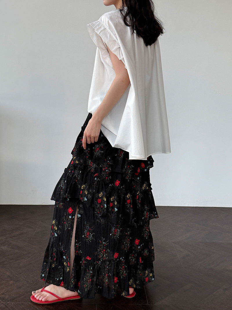 floral tiered slit maxi skirt 1color 【NINE7240】