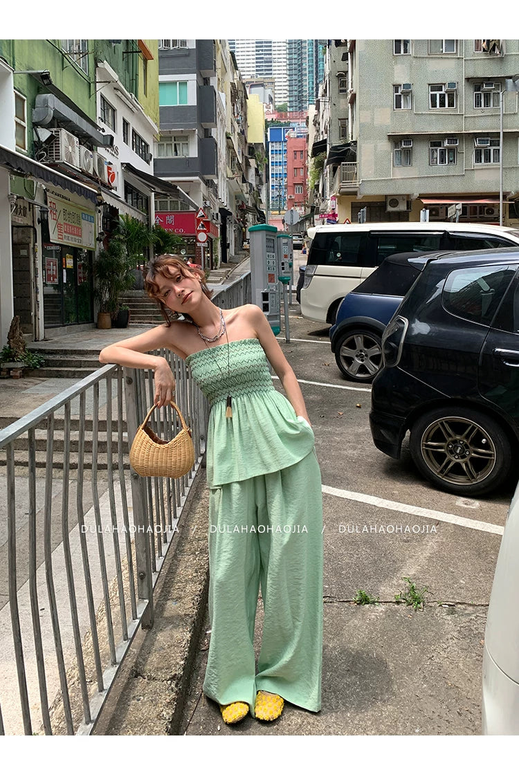 shirring bustier wide pants setup 1color 【NINE7095】