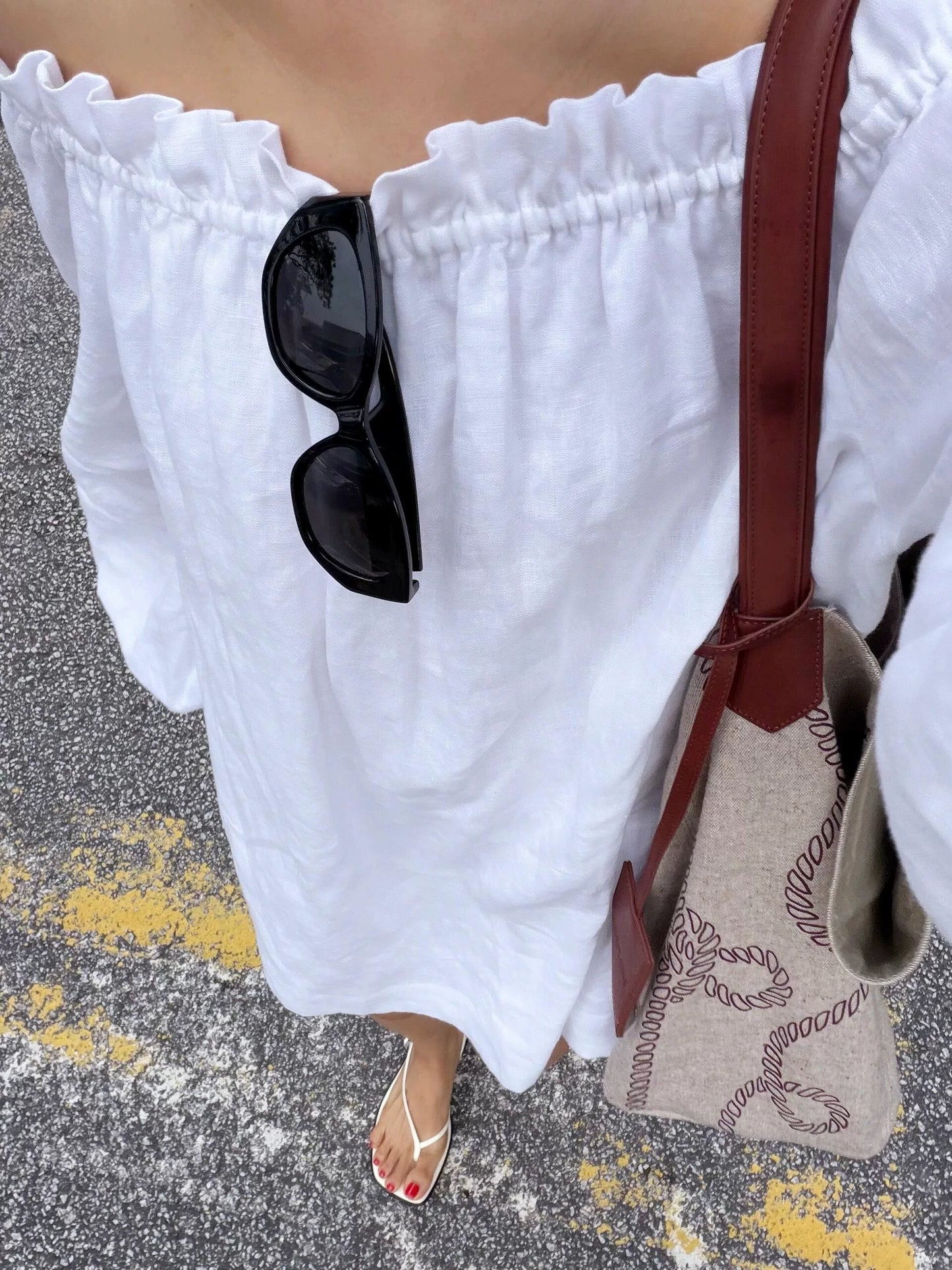 off shoulder ruffle linen mini dress 1color 【NINE7212】