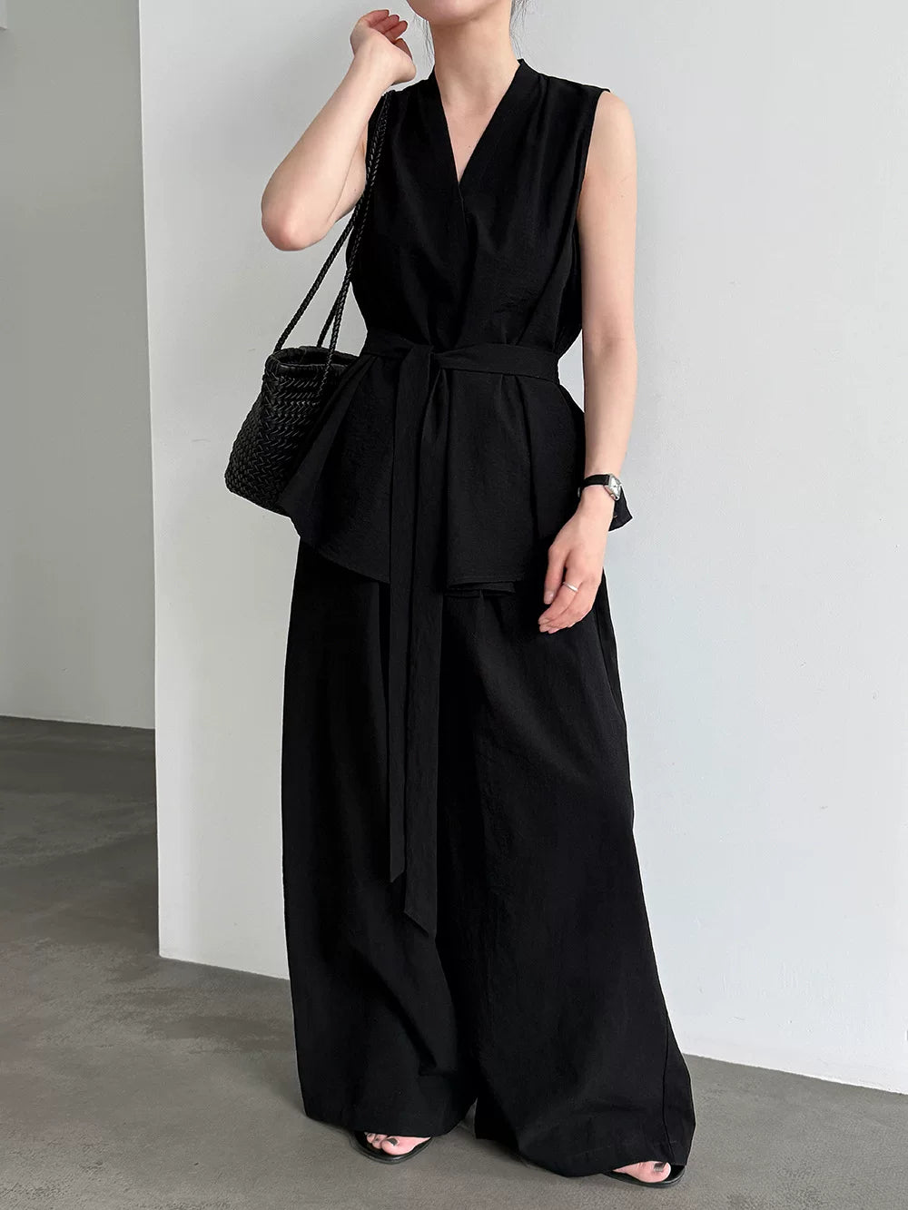 peplum tie sleeveless pants setup 2color 【NINE7082】