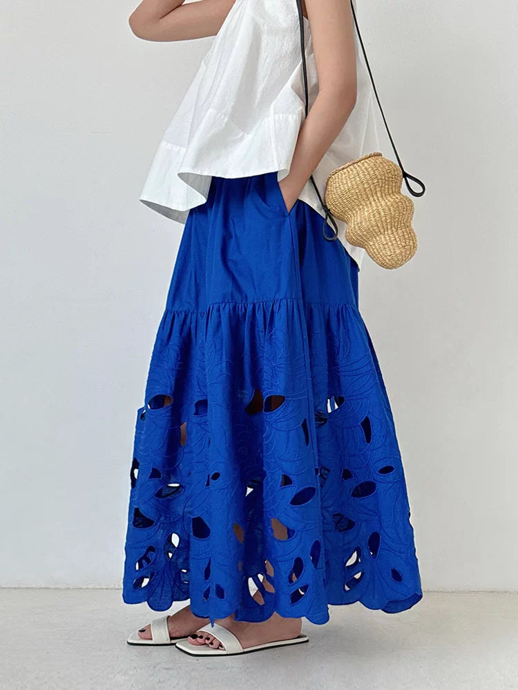 cutout embroidery tiered long skirt 2color 【NINE7053】