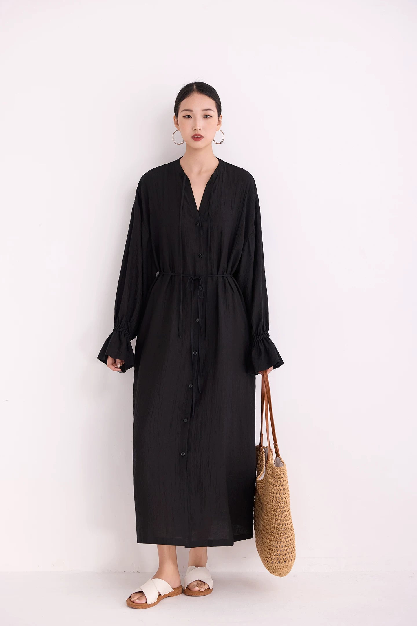 v-neck flare sleeve shirt long dress 1color 【NINE7223】