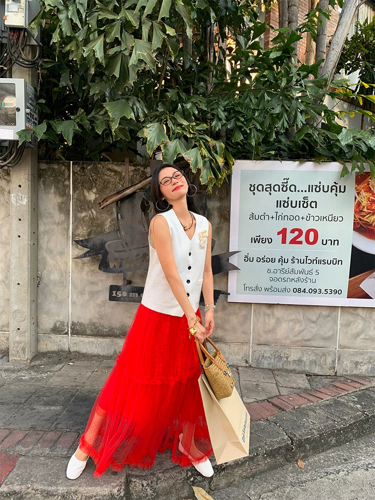 dot tulle ruffle tiered long skirt 1color 【NINE7205】