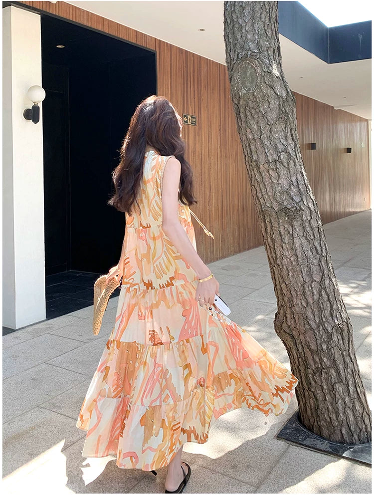 orange print tiered sleeveless dress 1color 【NINE7136】