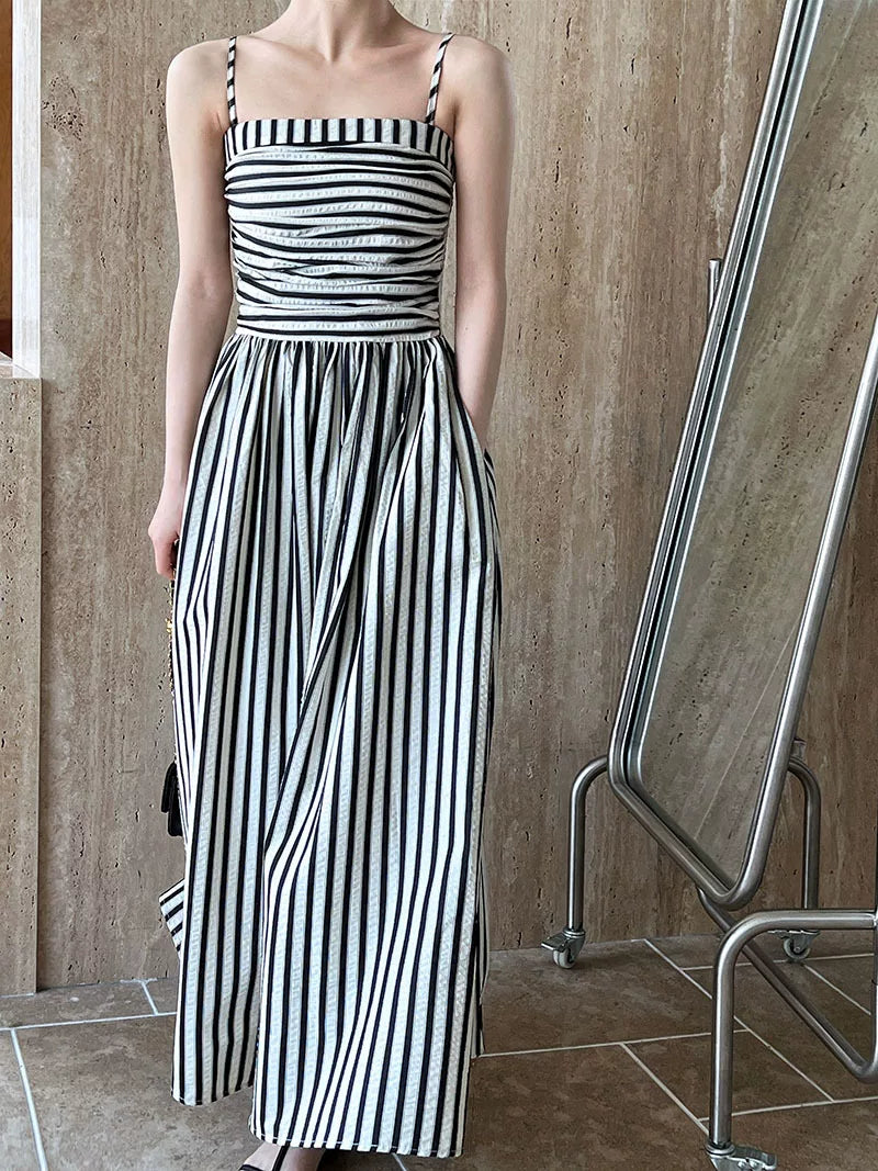 striped ruched camisole long dress 1color 【NINE7062】