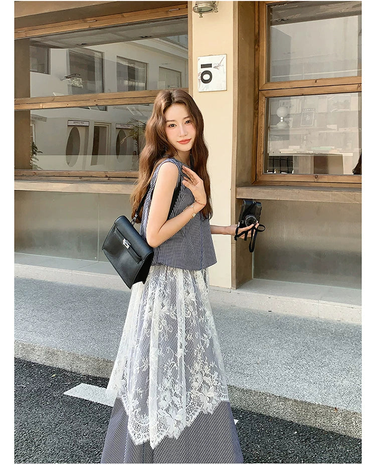 stripe lace fake twopiece dress 1color 【NINE7129】