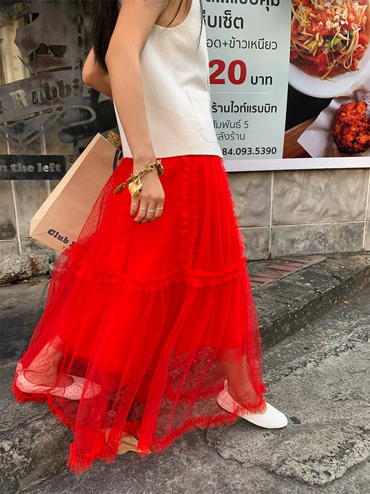 dot tulle ruffle tiered long skirt 1color 【NINE7205】