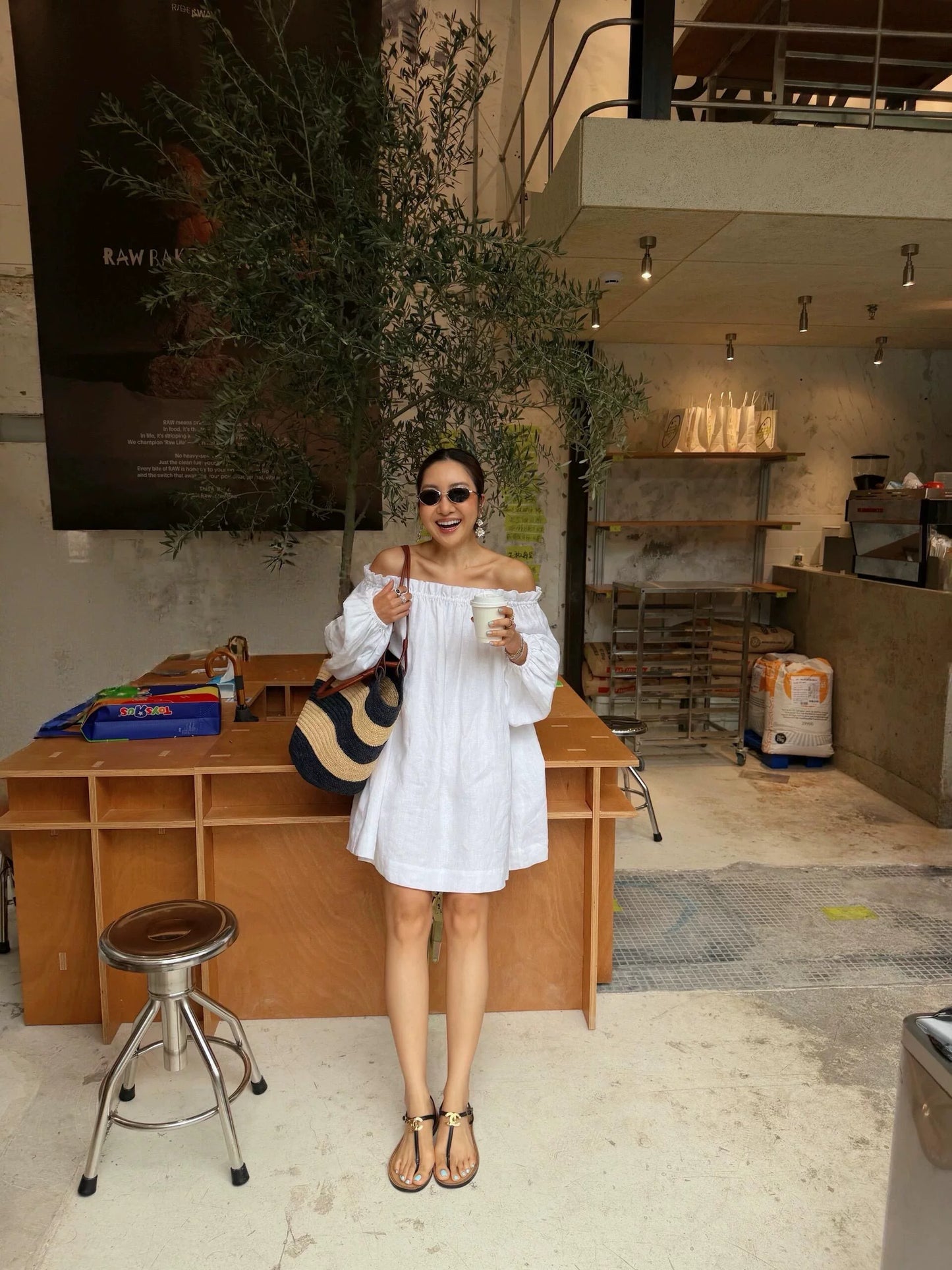 off shoulder ruffle linen mini dress 1color 【NINE7212】
