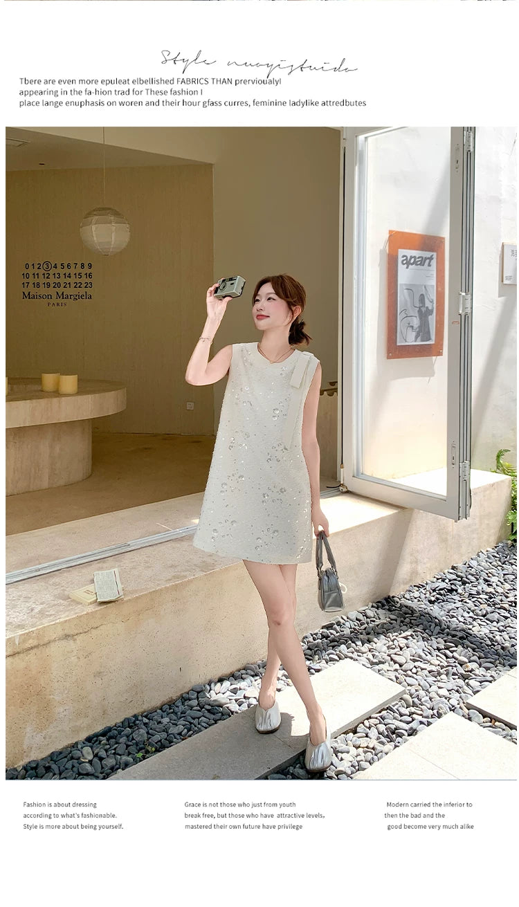 sequin ribbon tweed sleeveless mini dress 1color 【NINE7139】