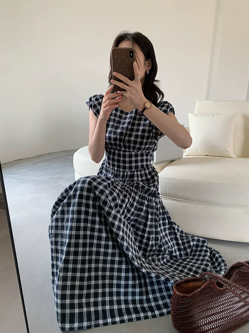 check tiered cap sleeve dress 1color 【NINE7066】