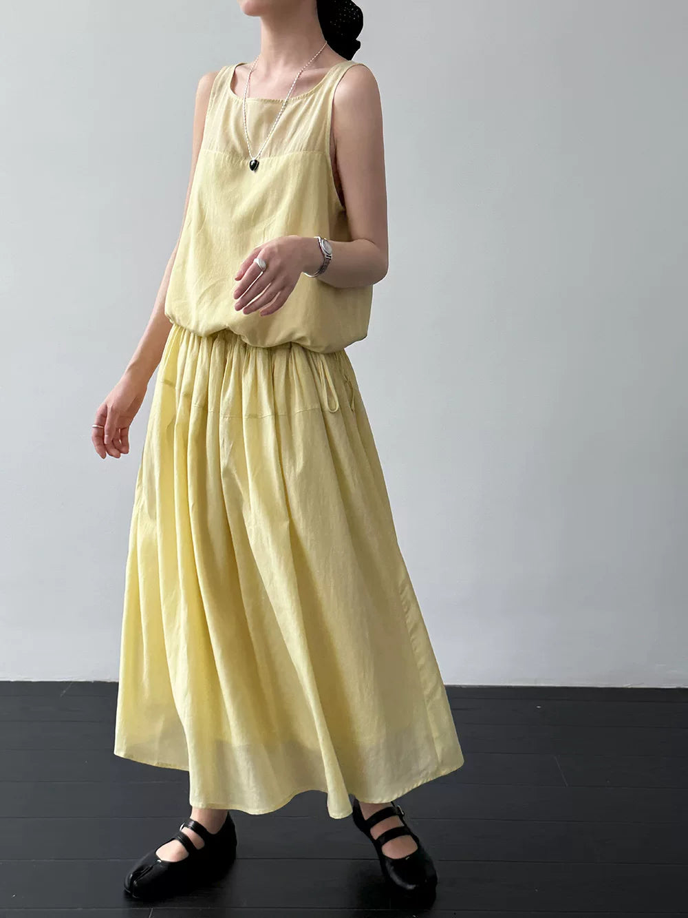drawstring tiered sleeveless long dress 2color 【NINE7067】