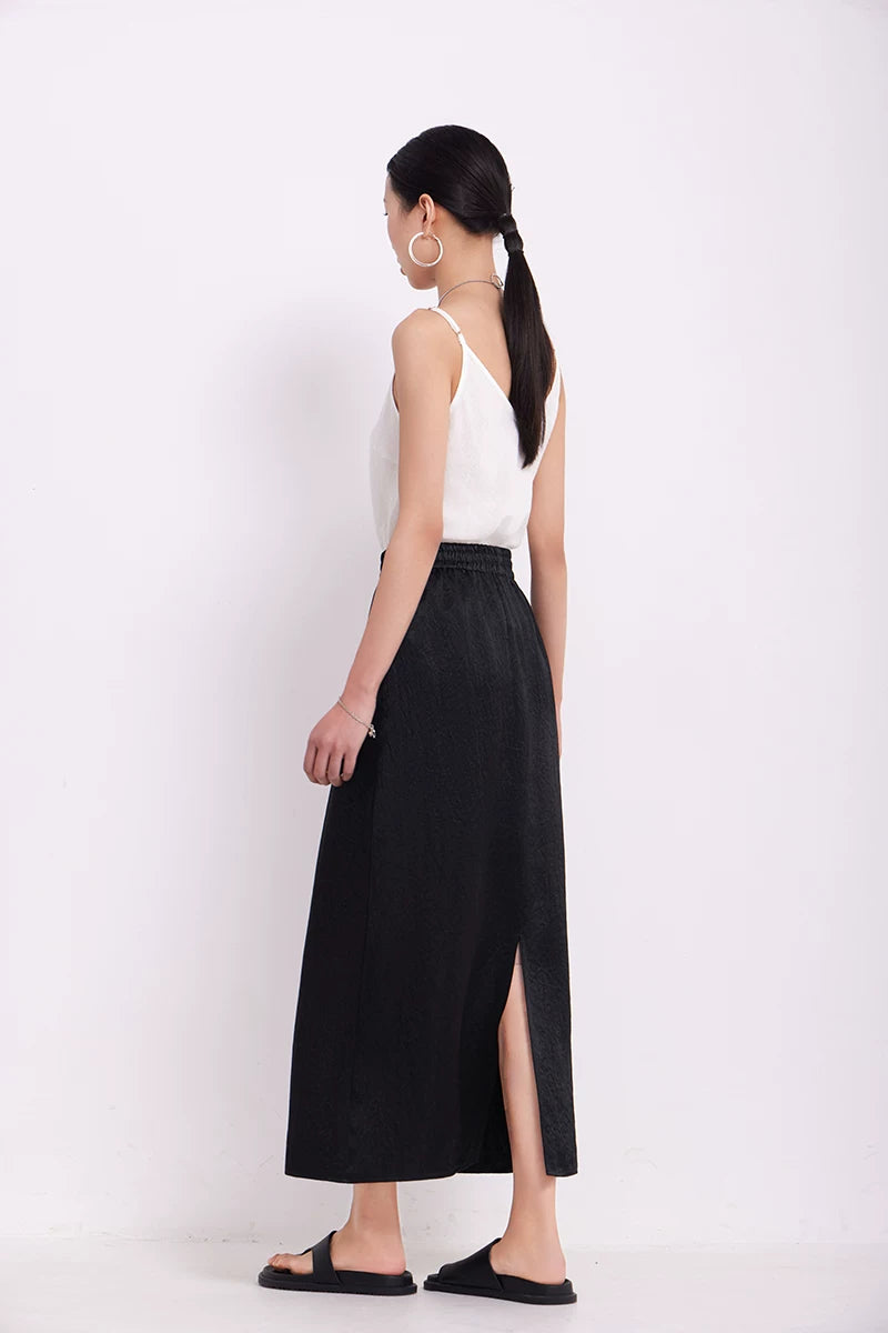 textured elastic waist long A-line skirt 1color 【NINE7217】