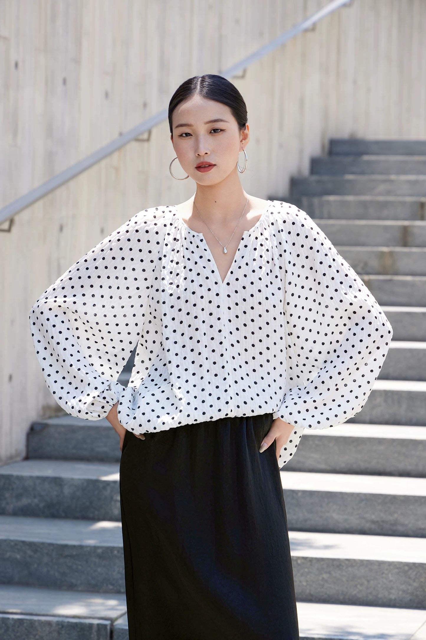 v-neck lantern sleeve loose blouse 14colors 【NINE7214】