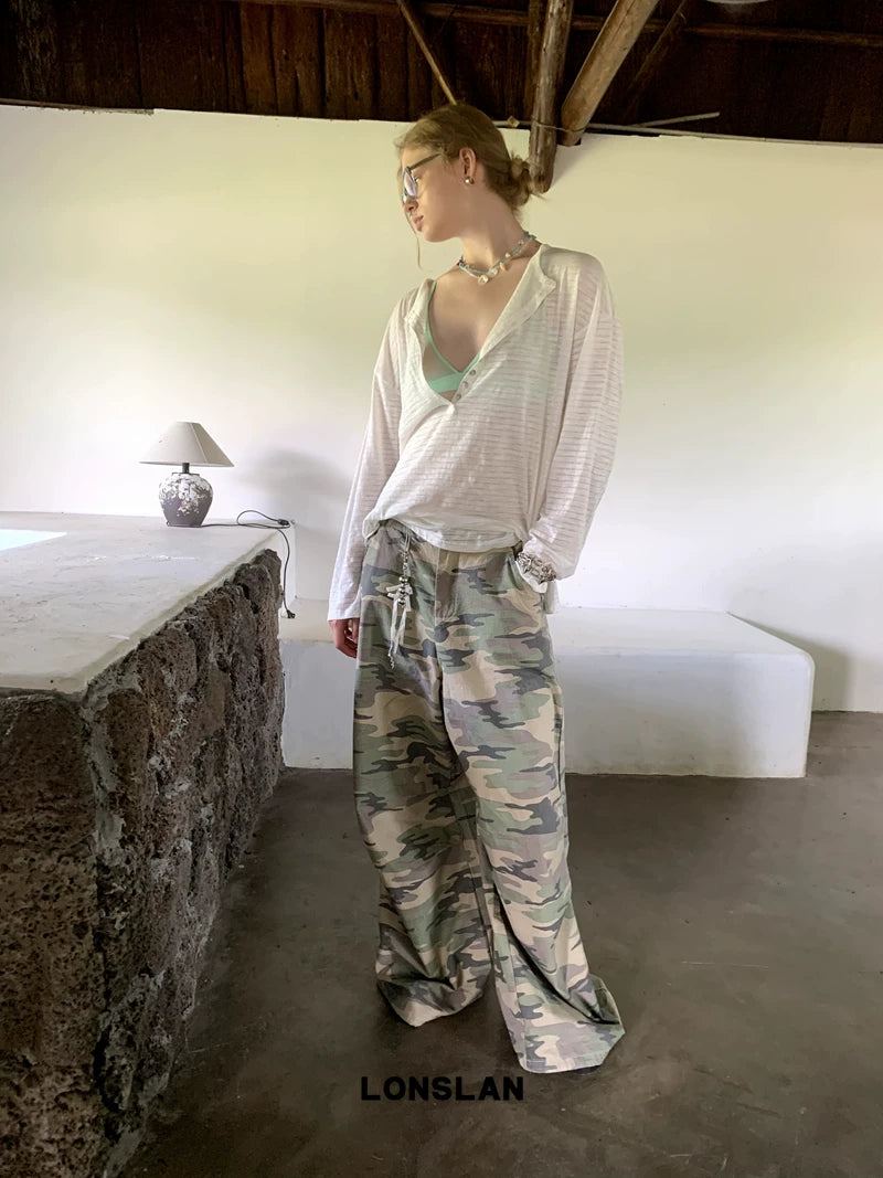 stripe deep v neck loose long sleeve top 2color 【NINE7017】