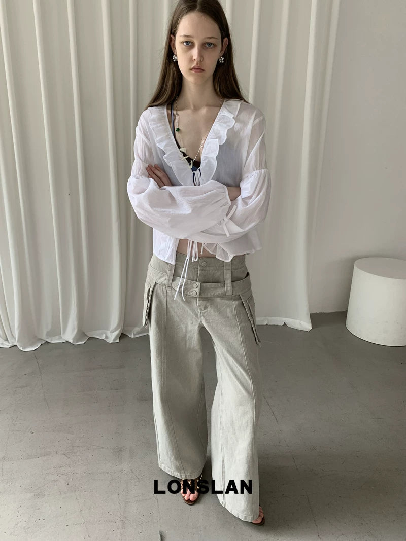 v neck ruffle long sleeve blouse 1color 【NINE7012】