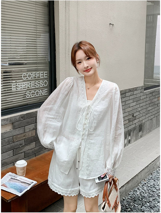 linen like lace shirt setup 1color 【NINE7118】