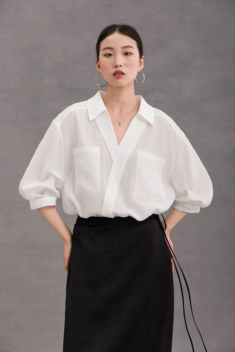 v-neck lapel puff sleeve shirt 3colors 【NINE7215】