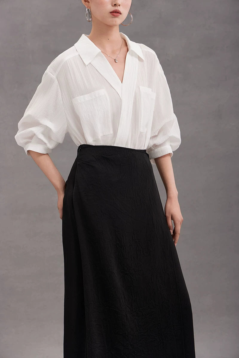 v-neck lapel puff sleeve shirt 3colors 【NINE7215】