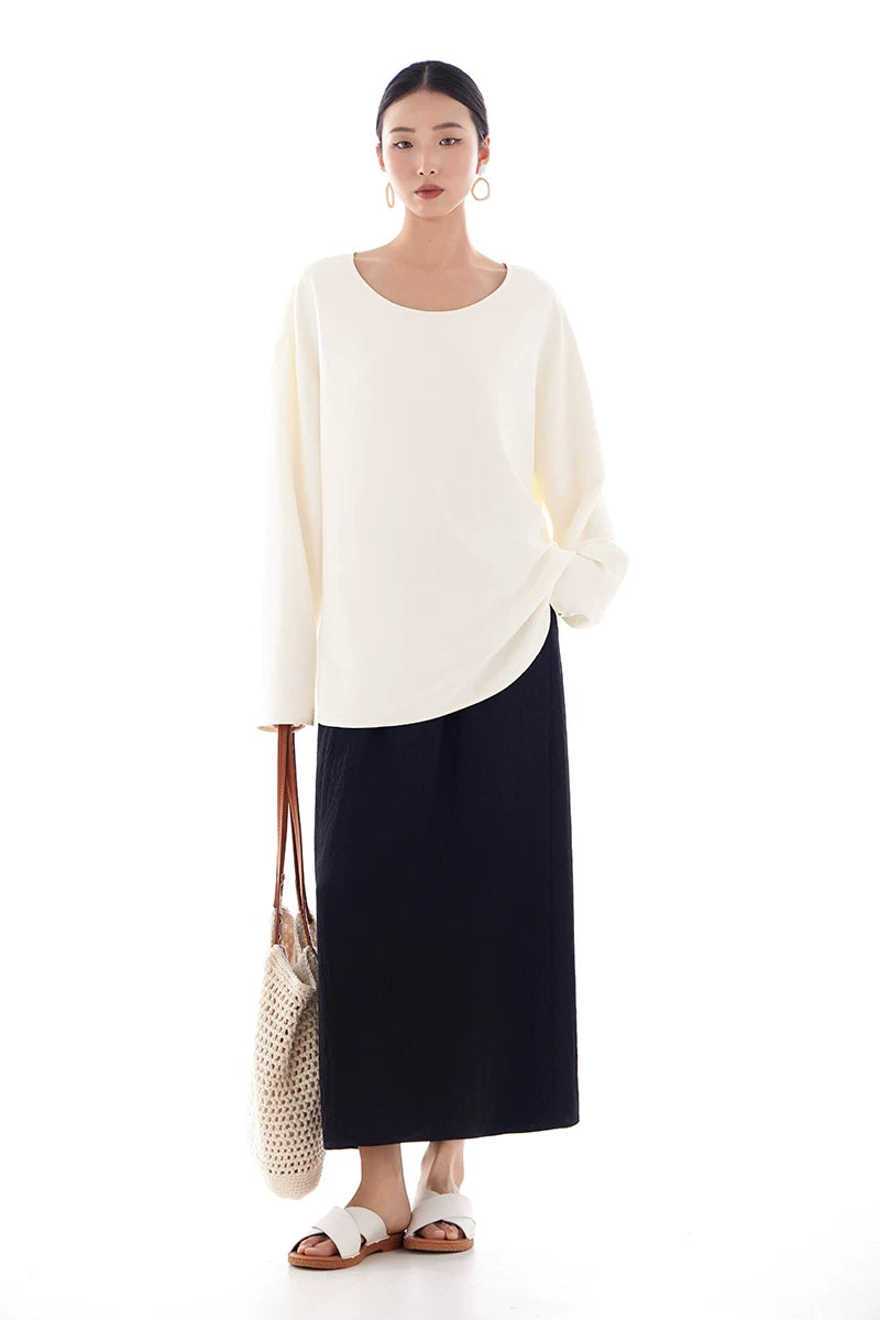 textured elastic waist long A-line skirt 1color 【NINE7217】