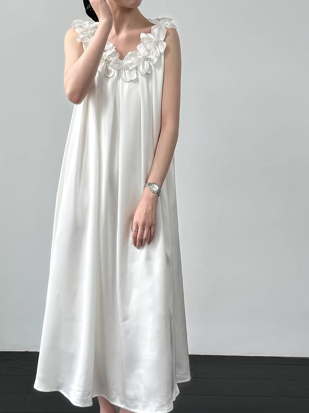 flower applique satin long dress 2color 【NINE7087】