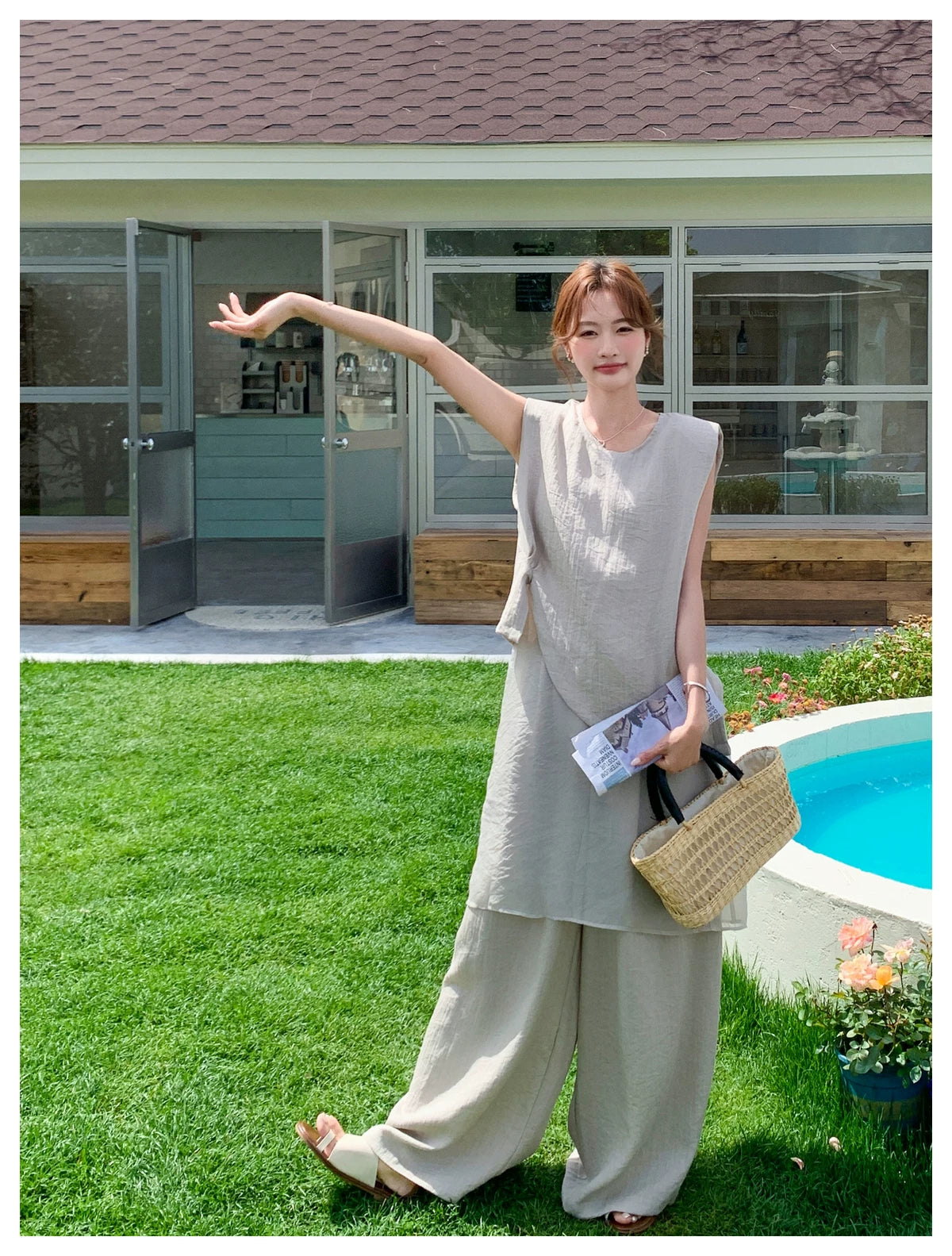 sleeveless layered top pants setup 1color 【NINE7109】