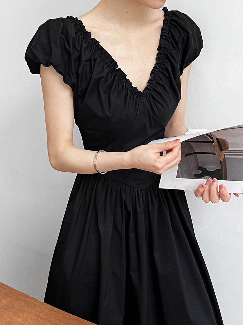 backless gathered puff sleeve dress 2color 【NINE7059】