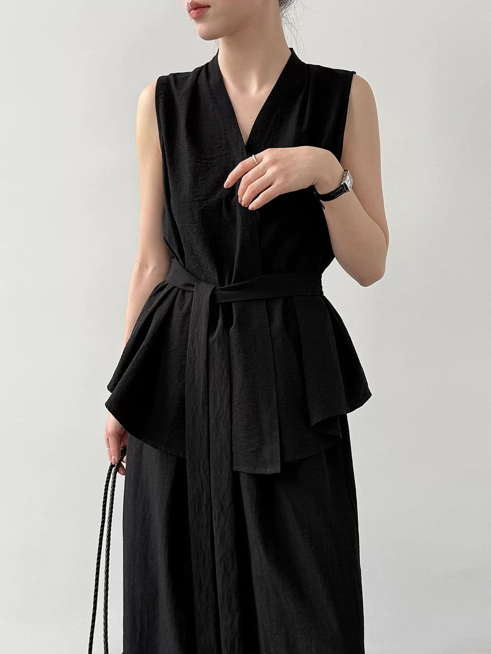 peplum tie sleeveless pants setup 2color 【NINE7082】