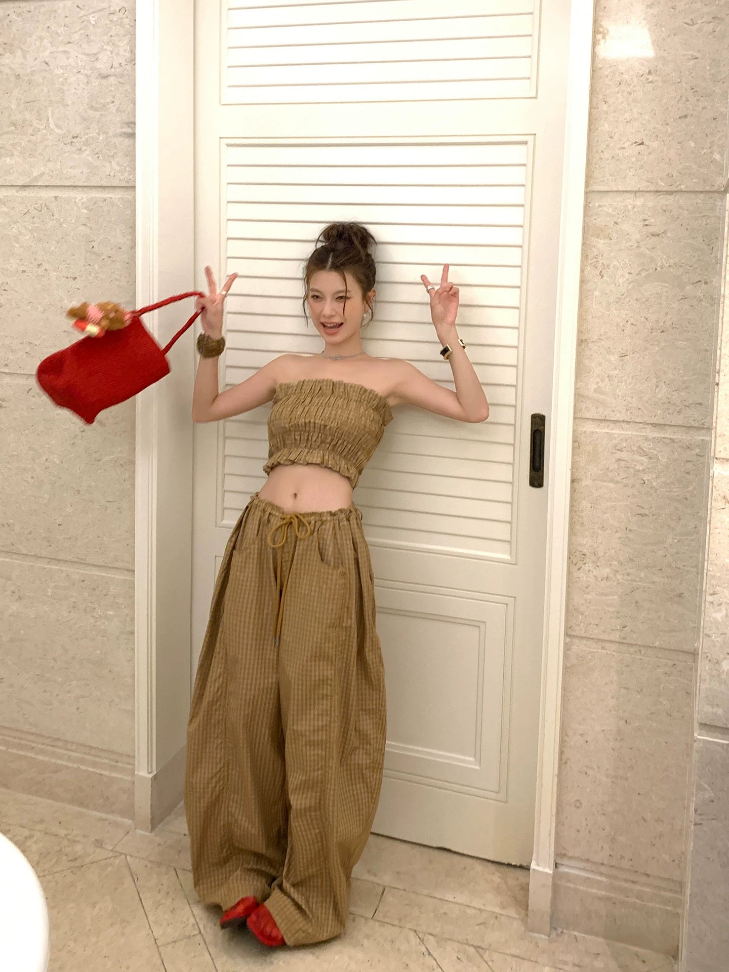 shirring bandeau check pants setup 1color 【NINE7096】