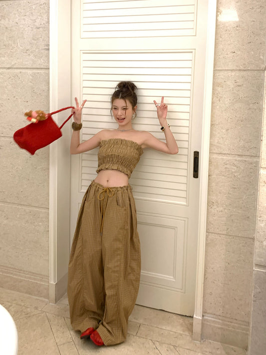 shirring bandeau check pants setup 1color 【NINE7096】