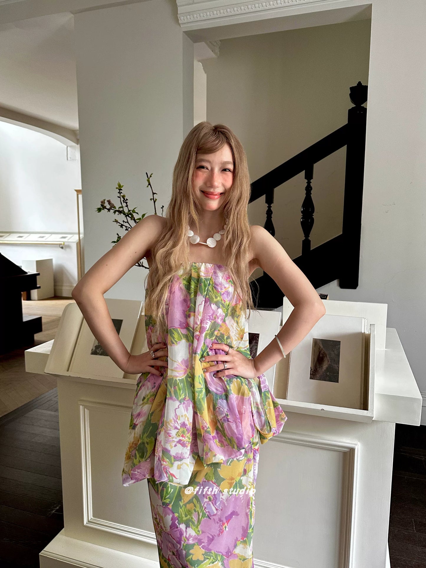 floral print tube top style fake two-piece long dress 1color 【NINE7147】