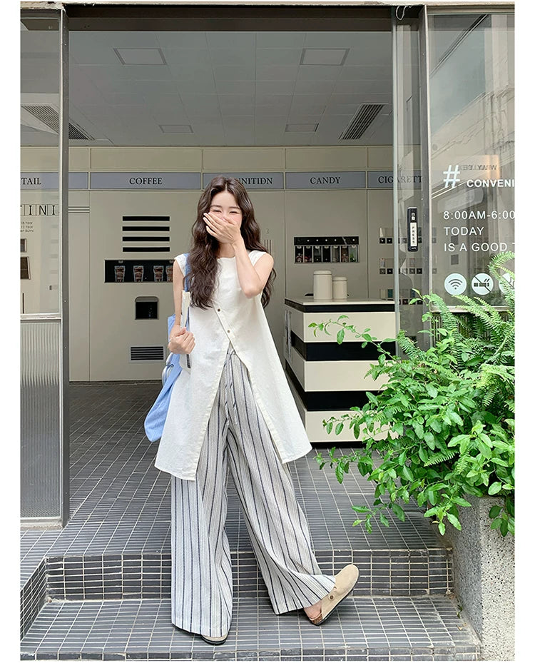 asymmetric top stripe pants setup 1color 【NINE7112】