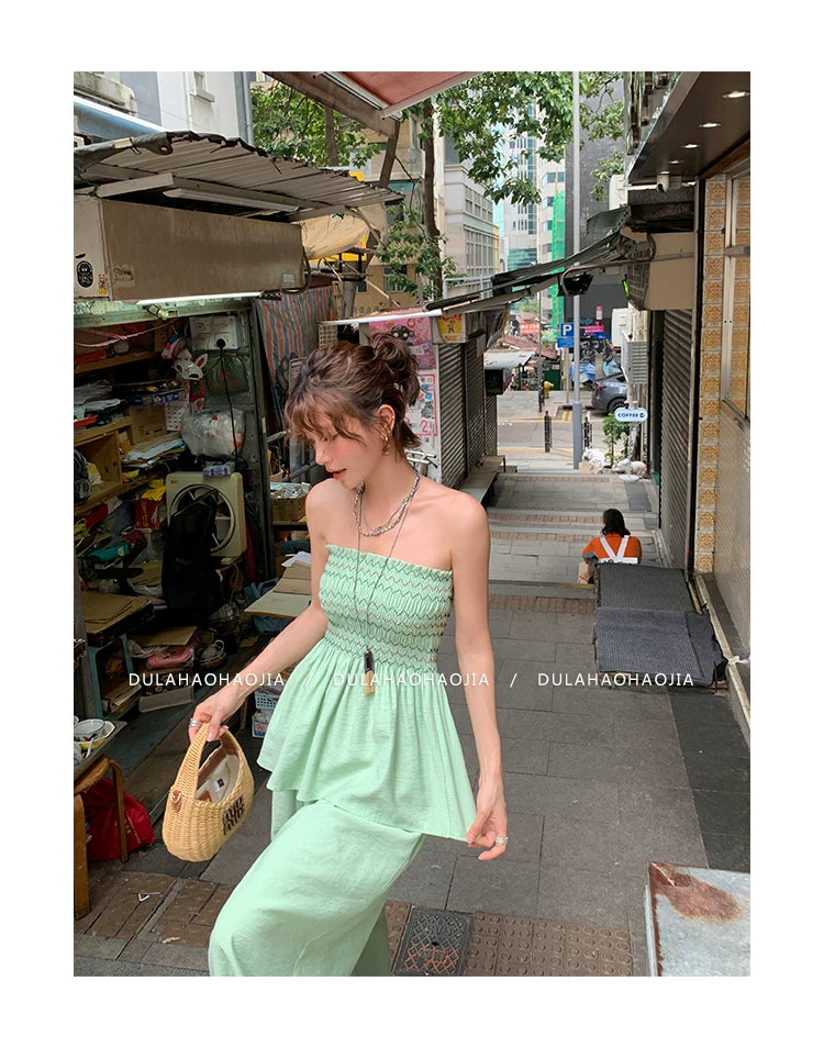 shirring bustier wide pants setup 1color 【NINE7095】