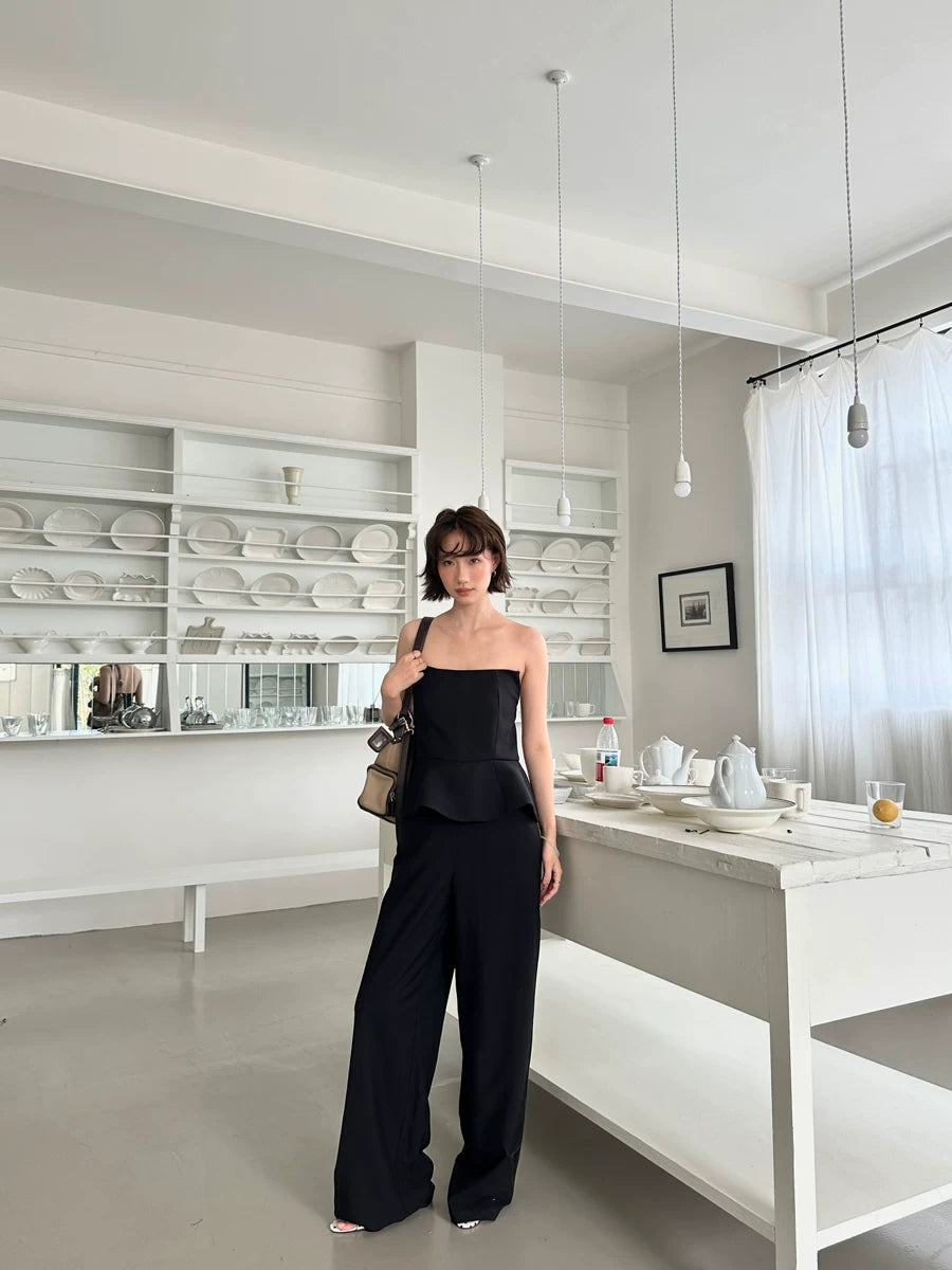tube top peplum fake two-piece wide leg jumpsuit 1color 【NINE7150】