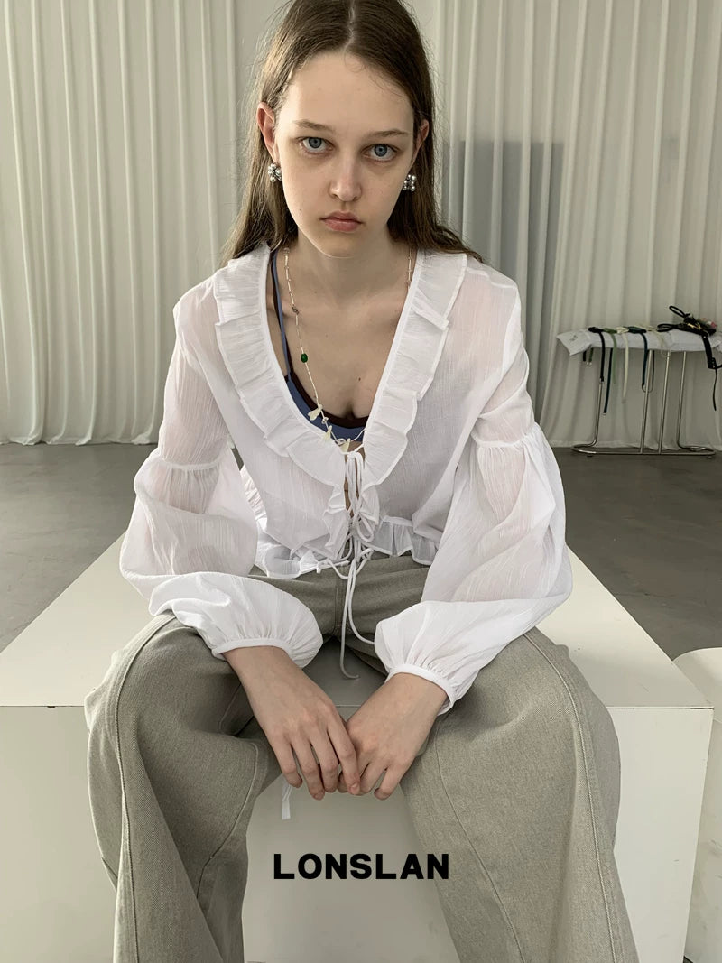 v neck ruffle long sleeve blouse 1color 【NINE7012】
