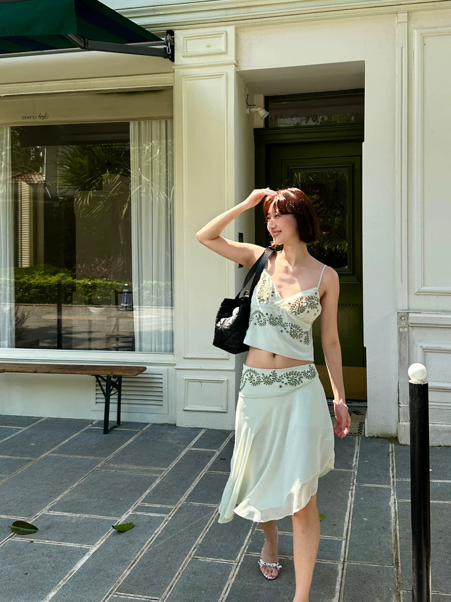 ivy embroidery camisole and irregular chiffon skirt set 1color 【NINE7145】