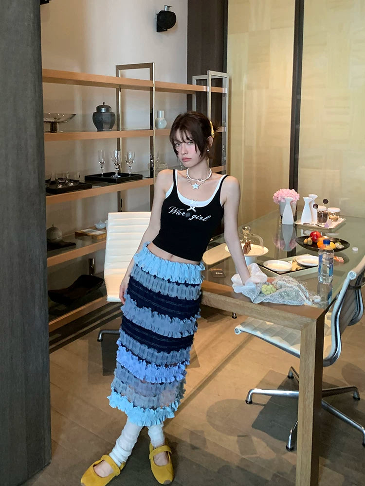 ruffle color block midi skirt 1color 【NINE7097】