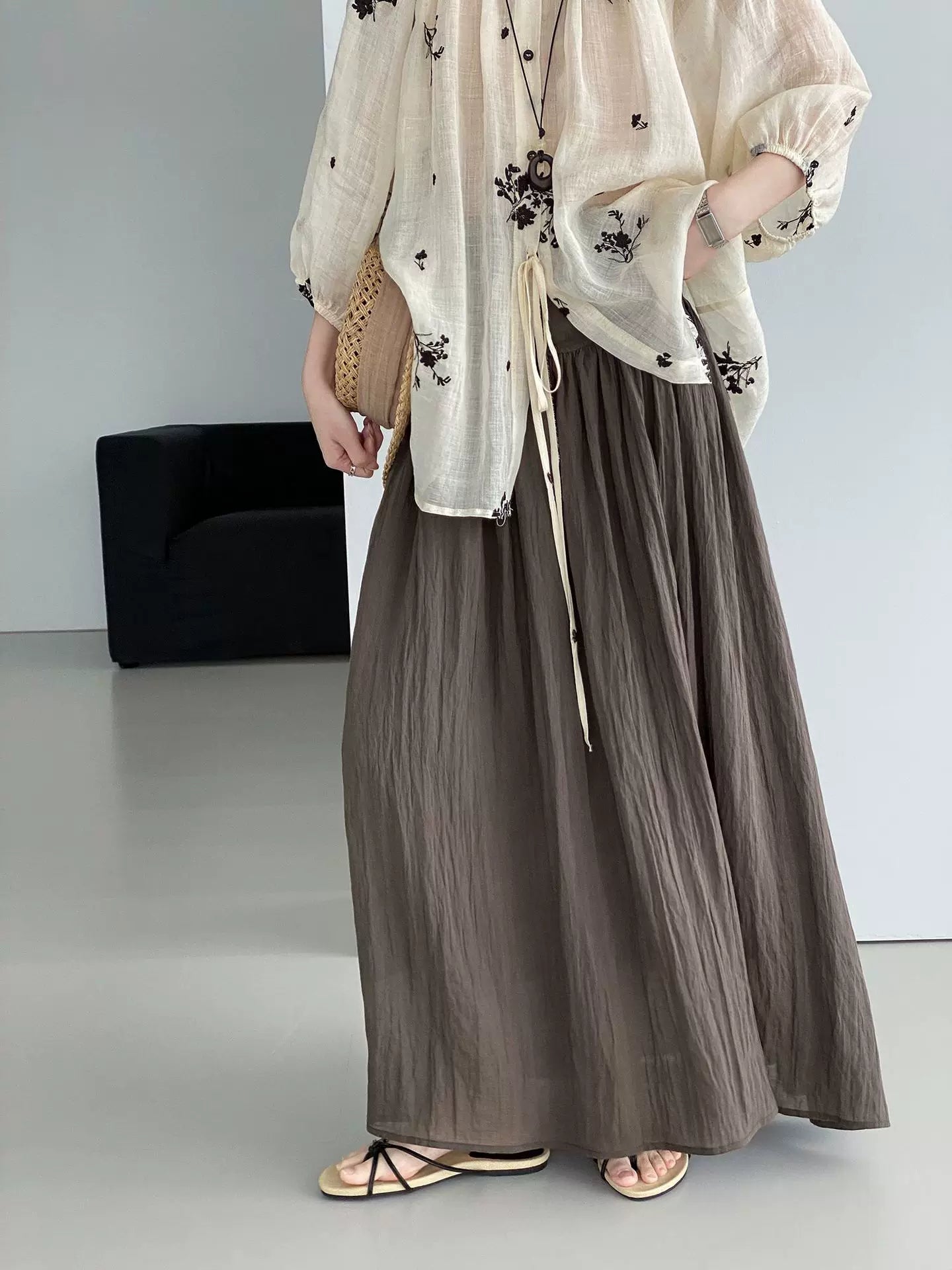 yoke pleated flared long skirt 2color 【NINE7077】