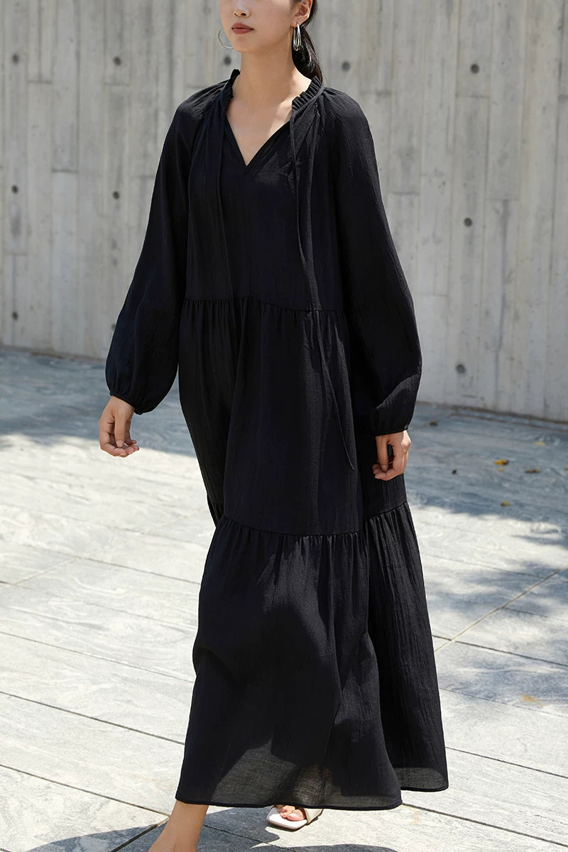 v-neck belt tiered long dress 1color 【NINE7227】