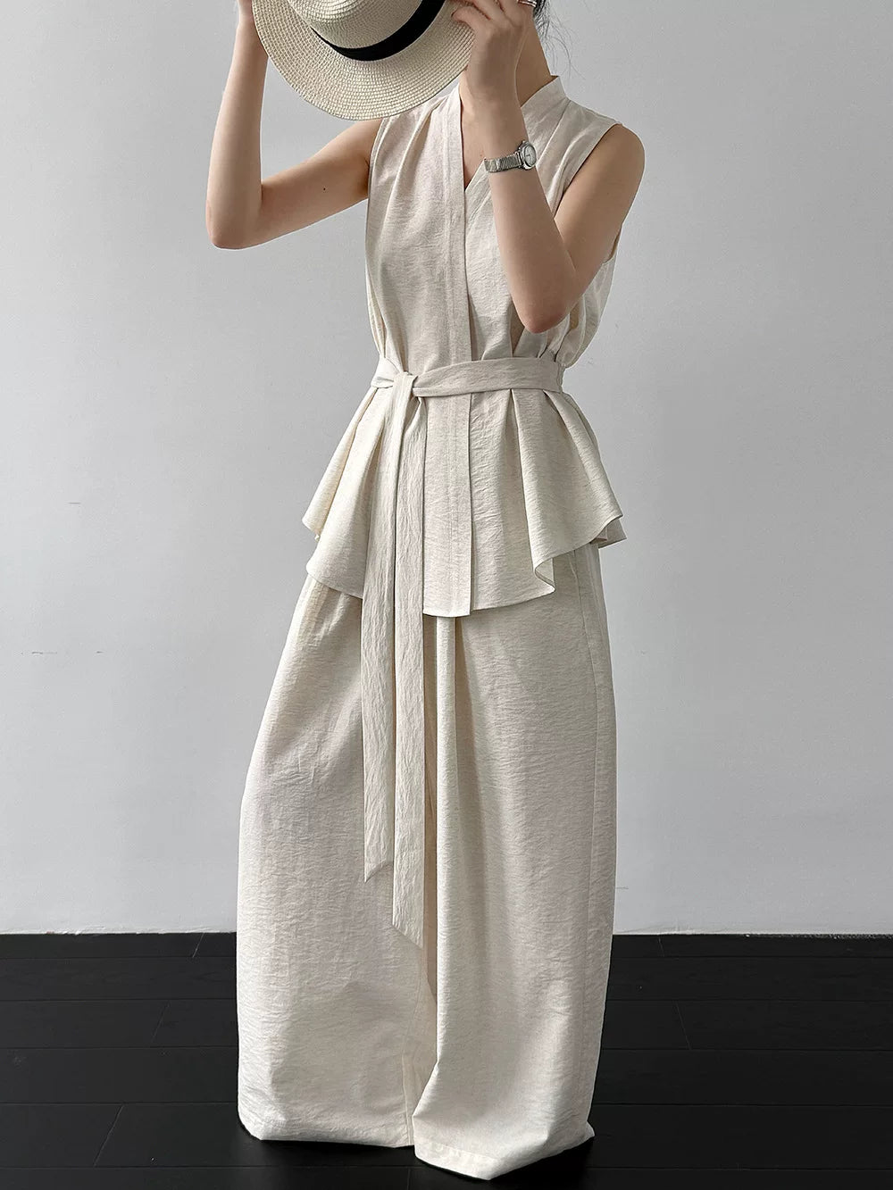 peplum tie sleeveless pants setup 2color 【NINE7082】