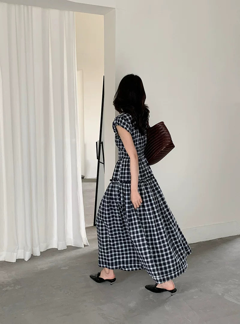 check tiered cap sleeve dress 1color 【NINE7066】