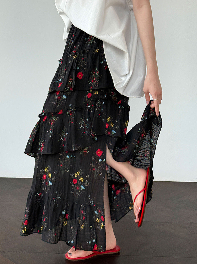floral tiered slit maxi skirt 1color 【NINE7240】