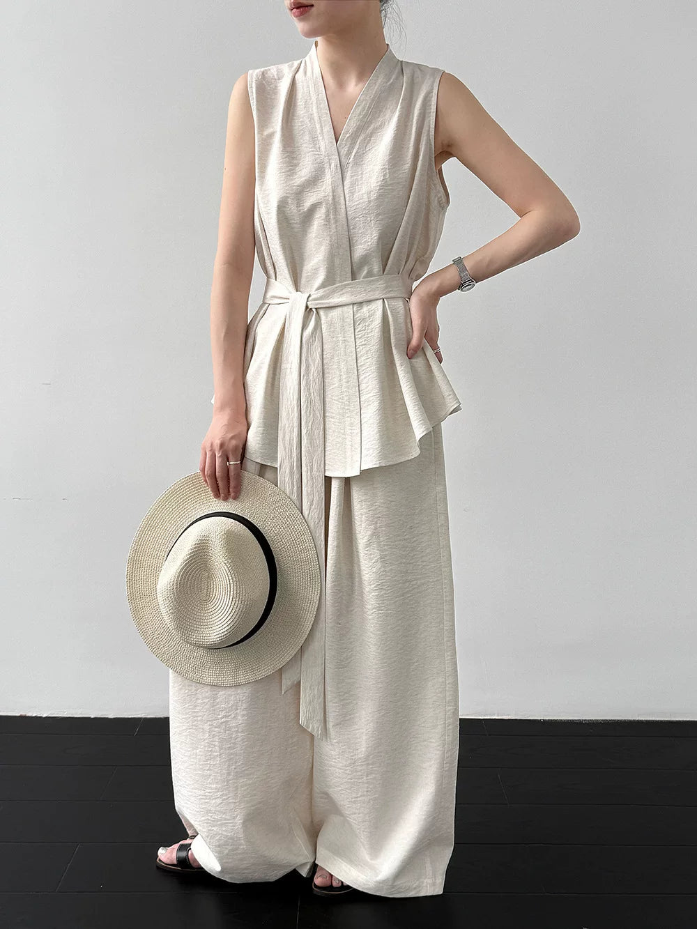 peplum tie sleeveless pants setup 2color 【NINE7082】