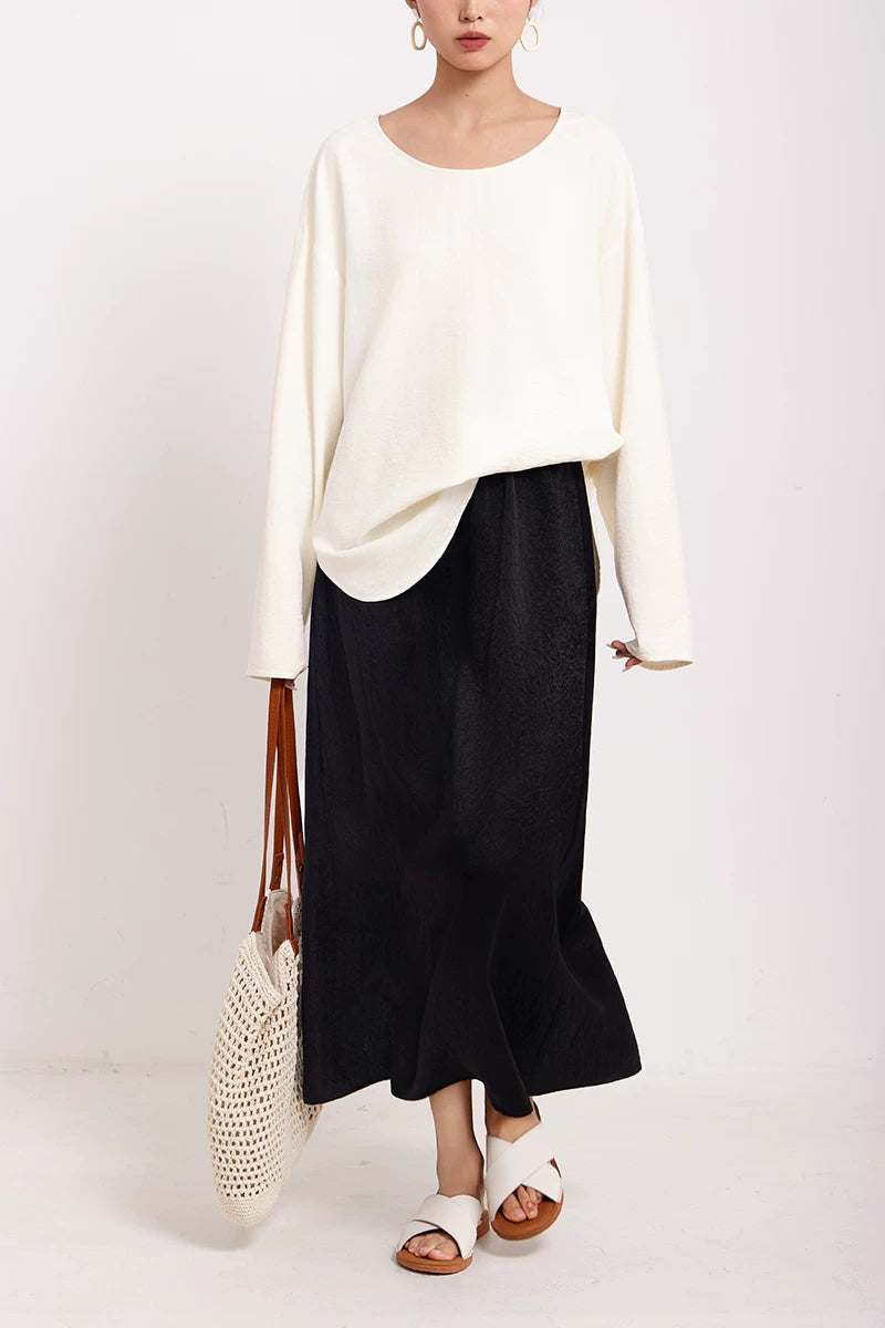 textured elastic waist long A-line skirt 1color 【NINE7217】
