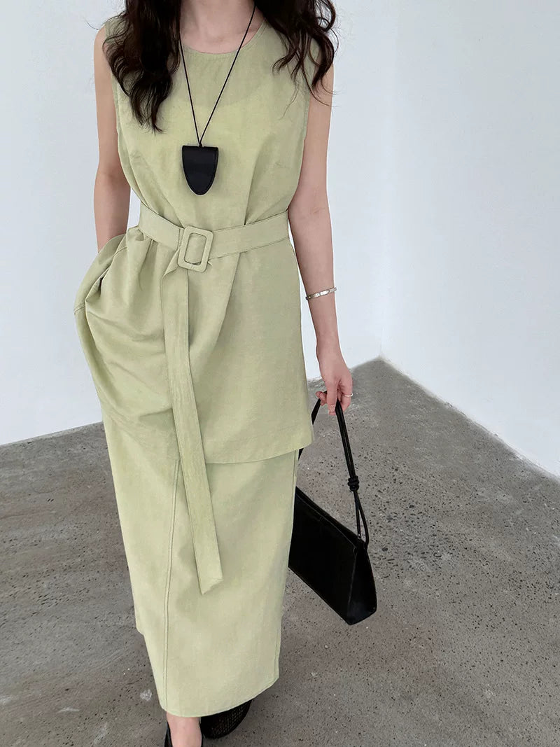 belted tunic skirt linen setup 2color 【NINE7075】
