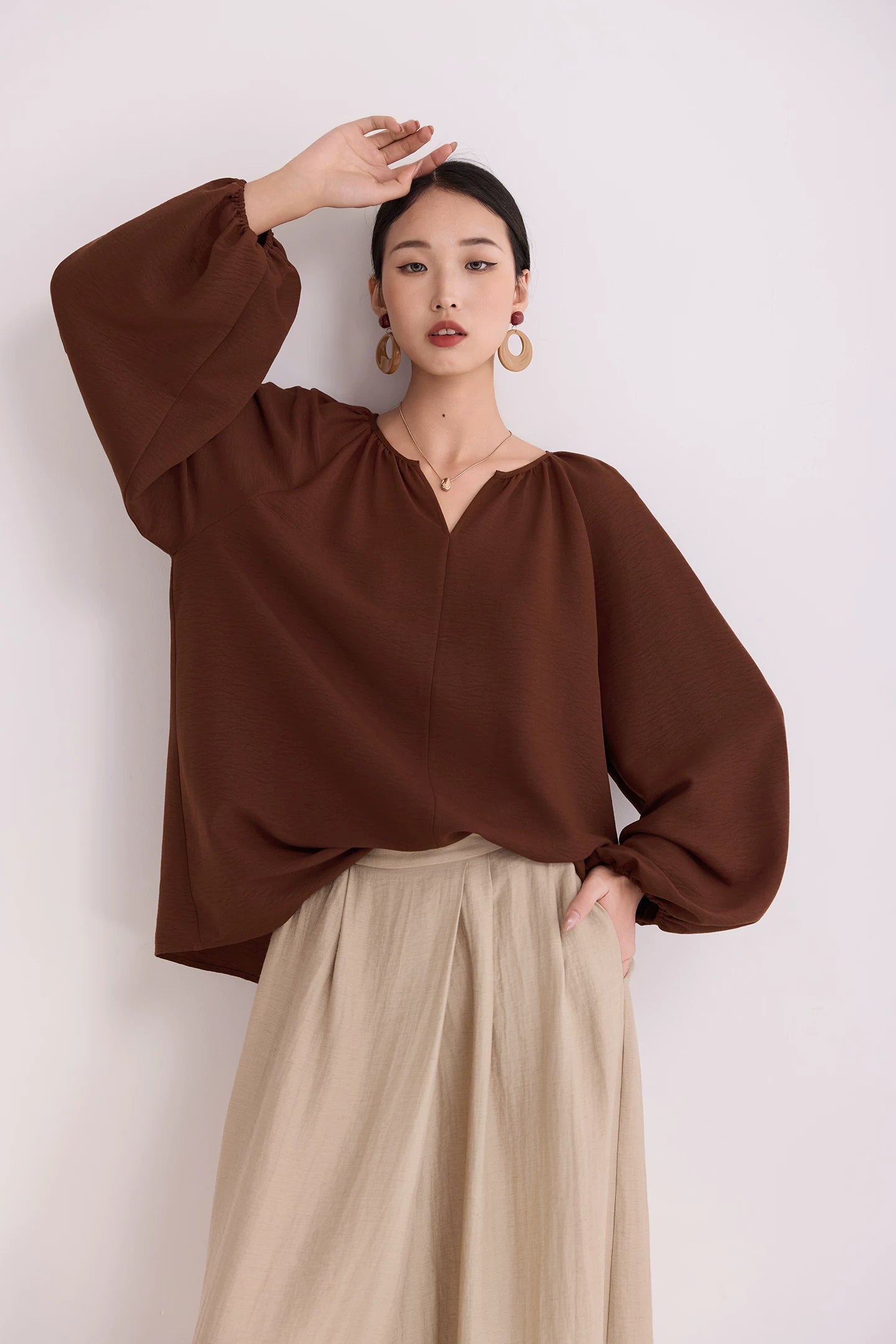 v-neck lantern sleeve loose blouse 14colors 【NINE7214】