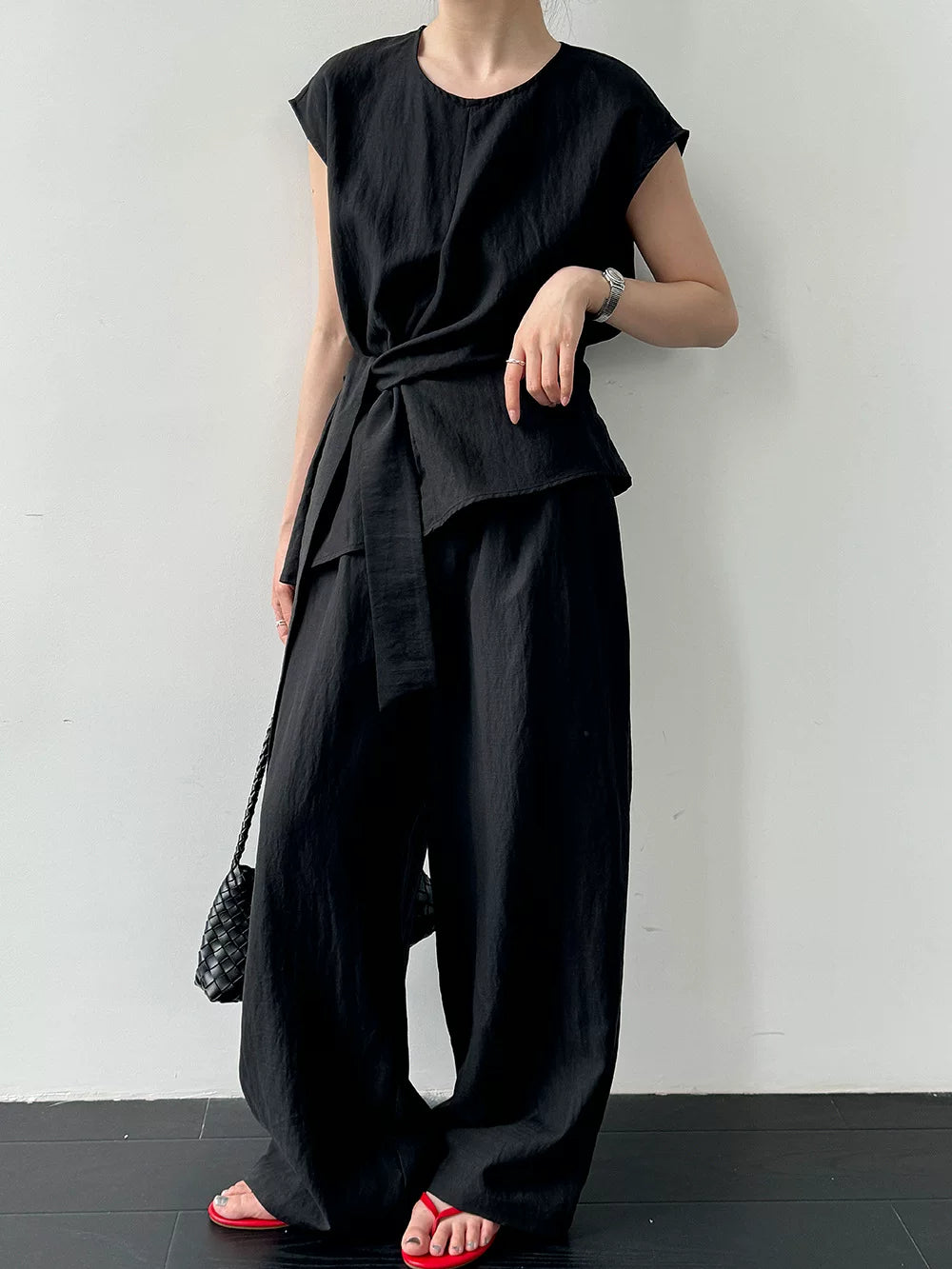 waist tie cap sleeve tops pants setup 2color 【NINE7085】